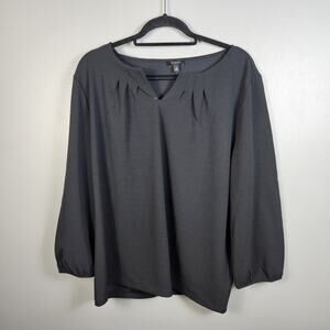 Talbots Pleated Front Blouse XL Black Long Sleeve Stretch Top Workwear Office